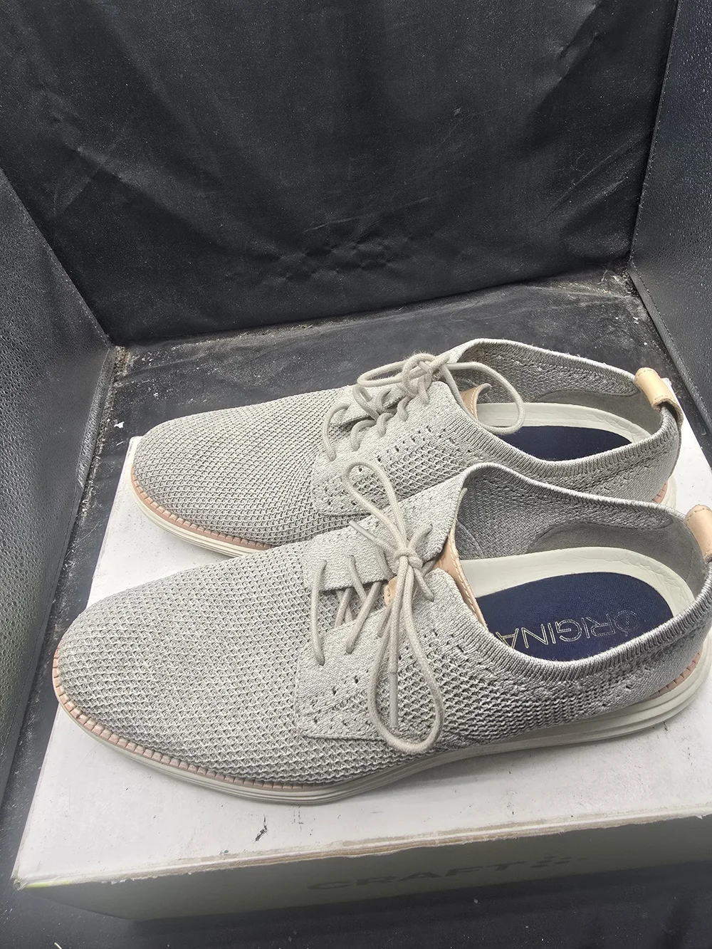 Cole Haan Light Gray Knit Derby Shoes with Tan Accents